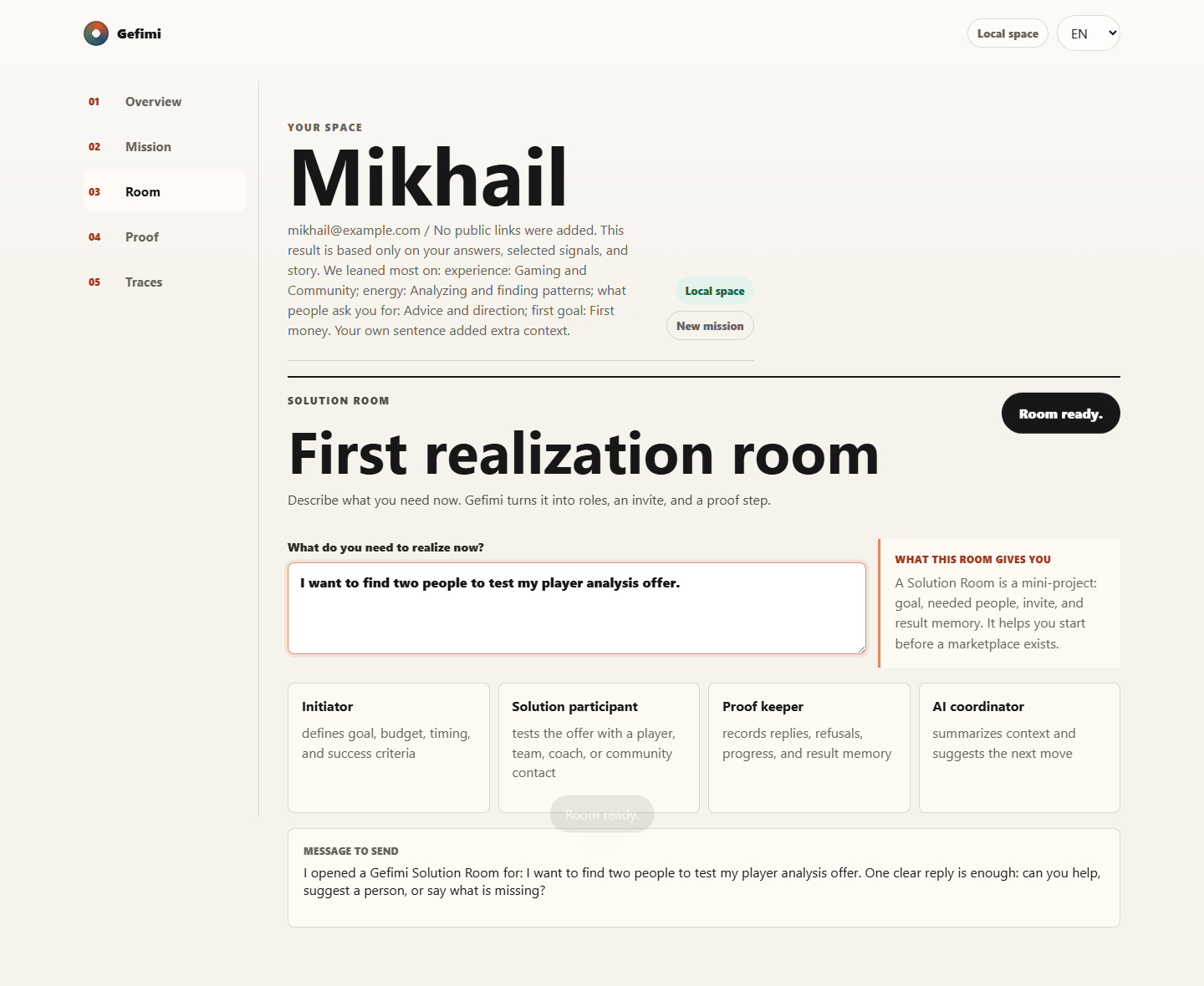 Gefimi product workspace with a Solution Room, participant roles, and proof logic