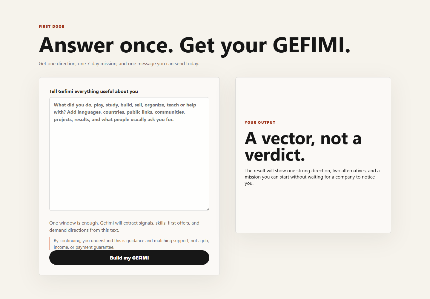 Gefimi mission input and vector interface