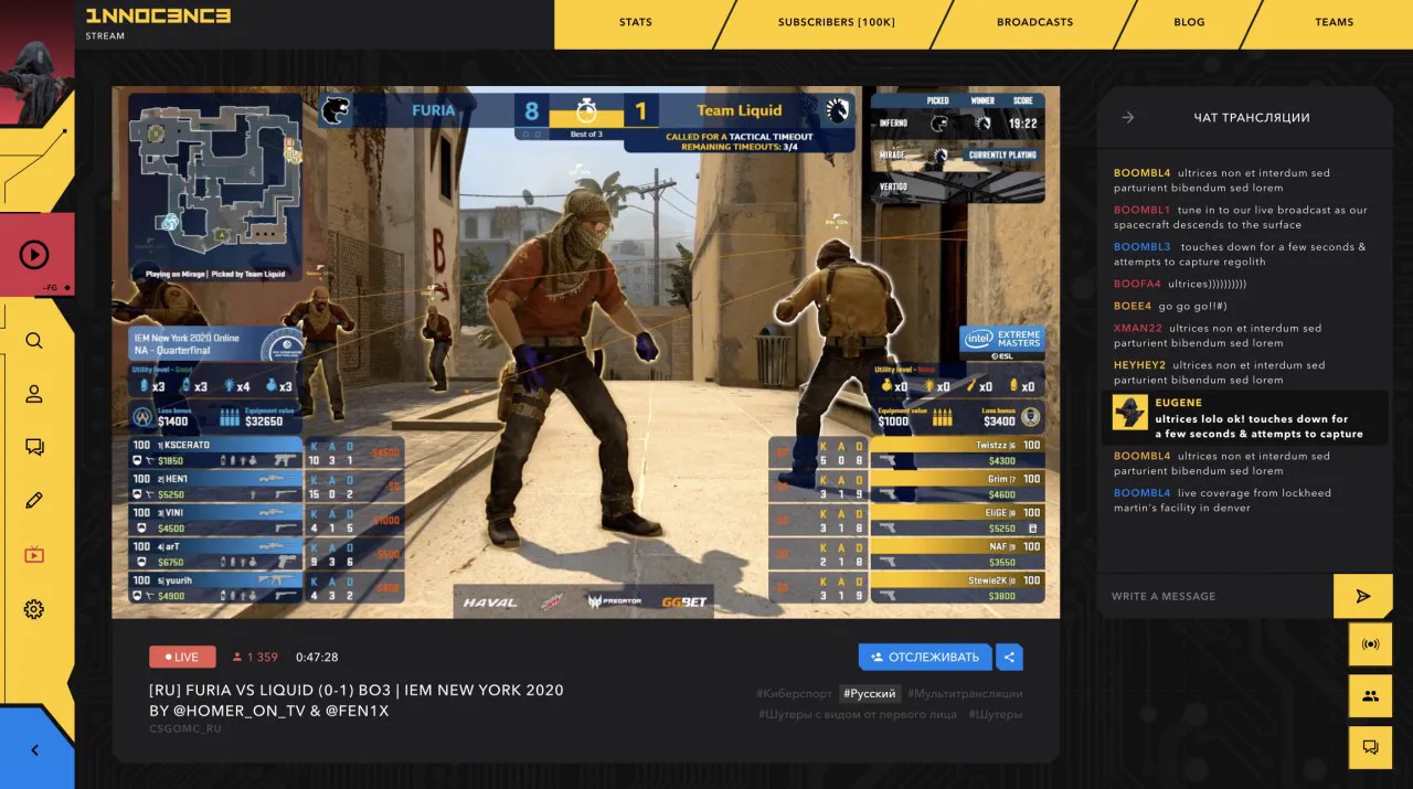 Pandenomika live broadcast, match data and chat interface concept from 2020